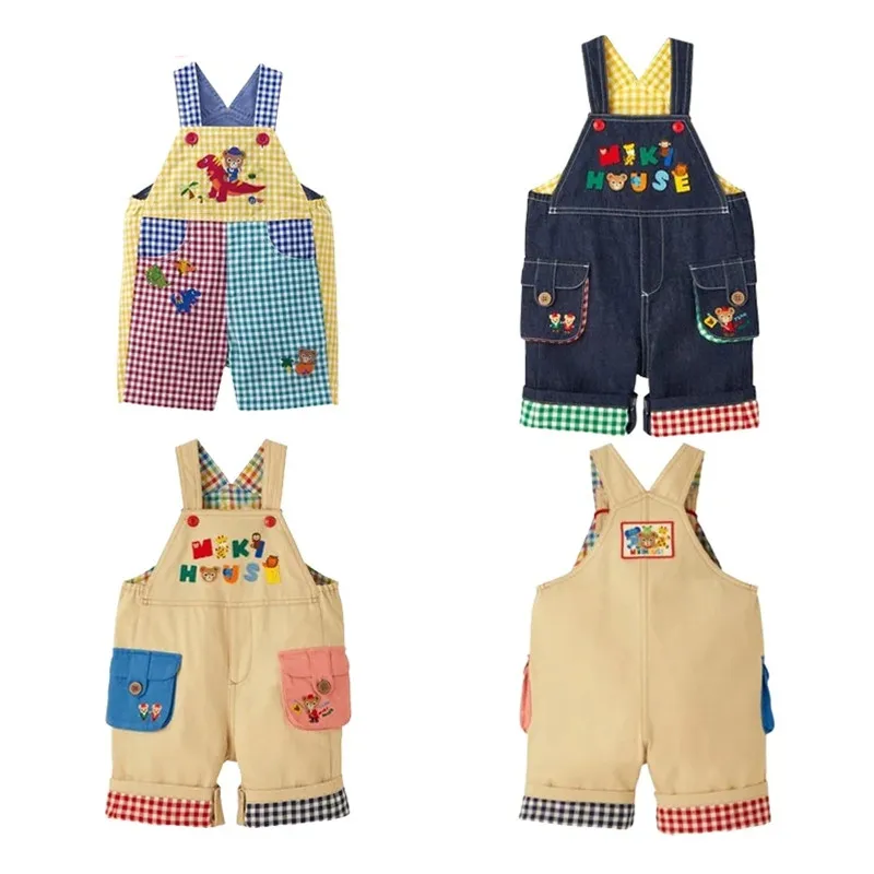 

Dungarees Fifth Pants Cartoon Bear Friend Embroidery Color Blocking Grid Suitable Height 80-120cm New Summer Clothing Styles