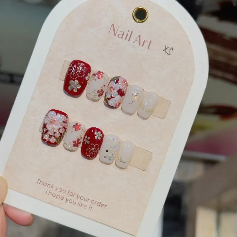 

10pcs Handmade Short False Nails with Glue Chinese Red Flower Acrylic Nails Press on For Girls Classic Self-adhesive Nail Tips