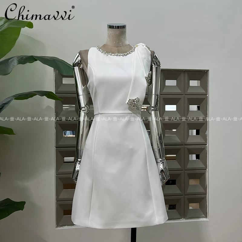 

French Elegant Sweet Socialite Birthday Party Dress Diamond Round Neck Sleeveless High Waist Slim Fit A-line Short Dress Women