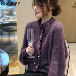 여성용 Ulzzang 플러스 벨벳 루렉스 랜턴 소매 가디건, 보라색 기질, 우아한 압착 진주, 트렌디 상의 스웨터