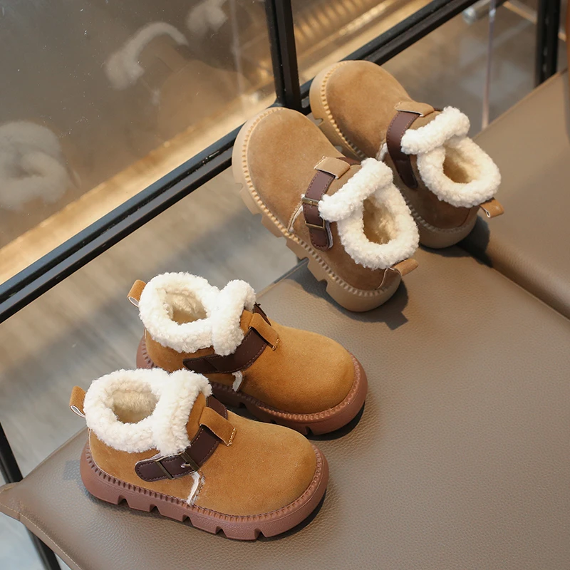

2025 Children's Cotton Boots Khaki Padded Thickened Girls Casual Shoes Buckle Hook Loop Lightweight Non-slip Kids Boots