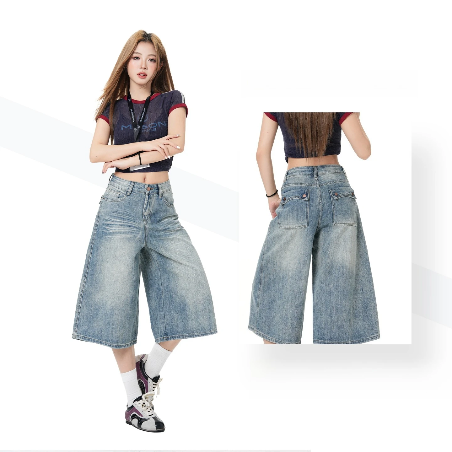 

2026 Summer New Arrival Women's Casual Wide Leg Capri Pants Vintage Denim Blue Crop Trousers Loose Streetwear High Waist Pants