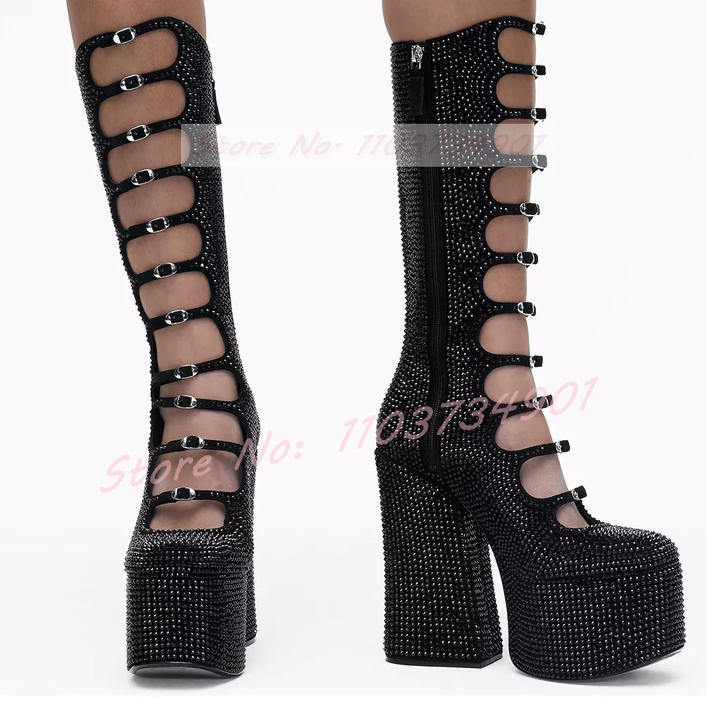 Studded Crystals Platform Buckle Strap Boots Hot Girls Fashion Block High Heels Knee Length Boots Women Party Lolita Punk Shoes