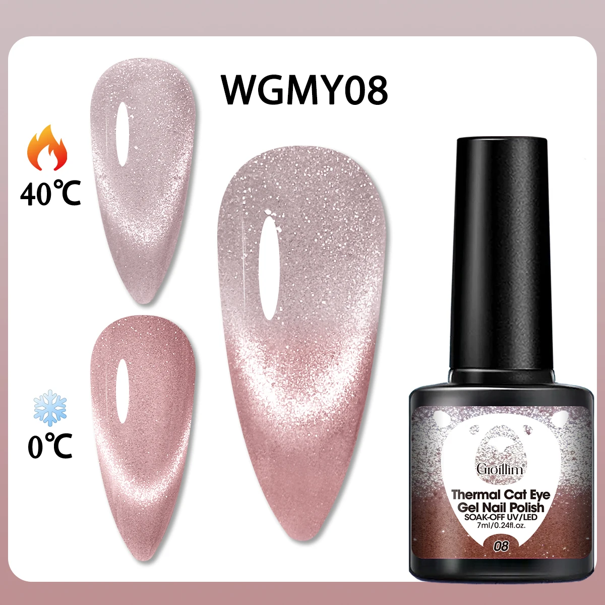 A bottle of color-changing, heat-sensitive gel nail polish, featuring gradient nail art, semi-permanent glitter, lead-free mater