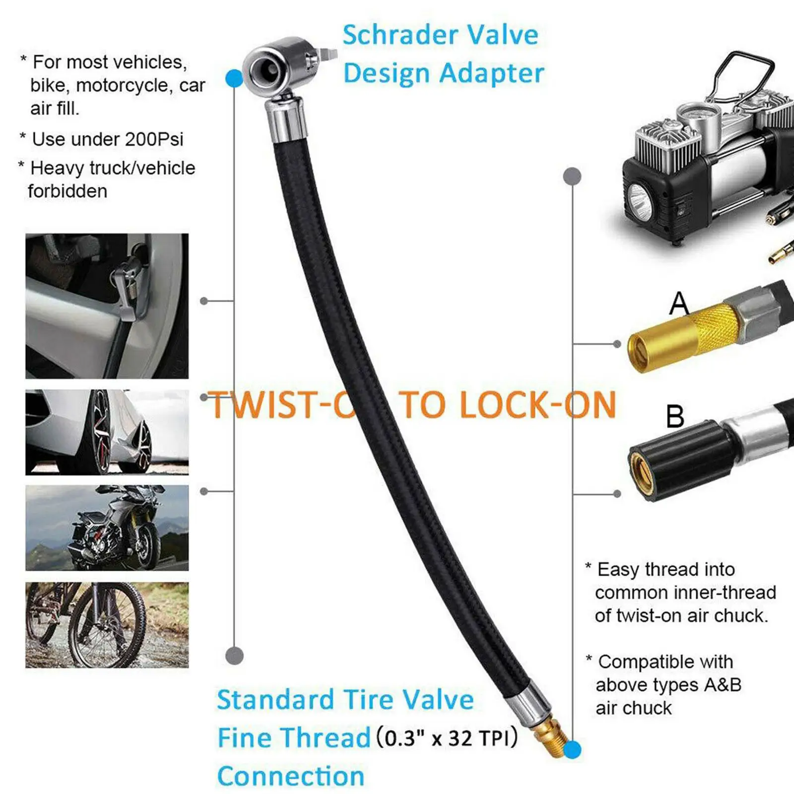 20/30cm Inflator do opon samochodowych Wąż nadmuchiwany Połączenie pompy powietrza Blokowanie skrętu Adapter rury powietrznej Uchwyt Przedłużenie opony X5Z5