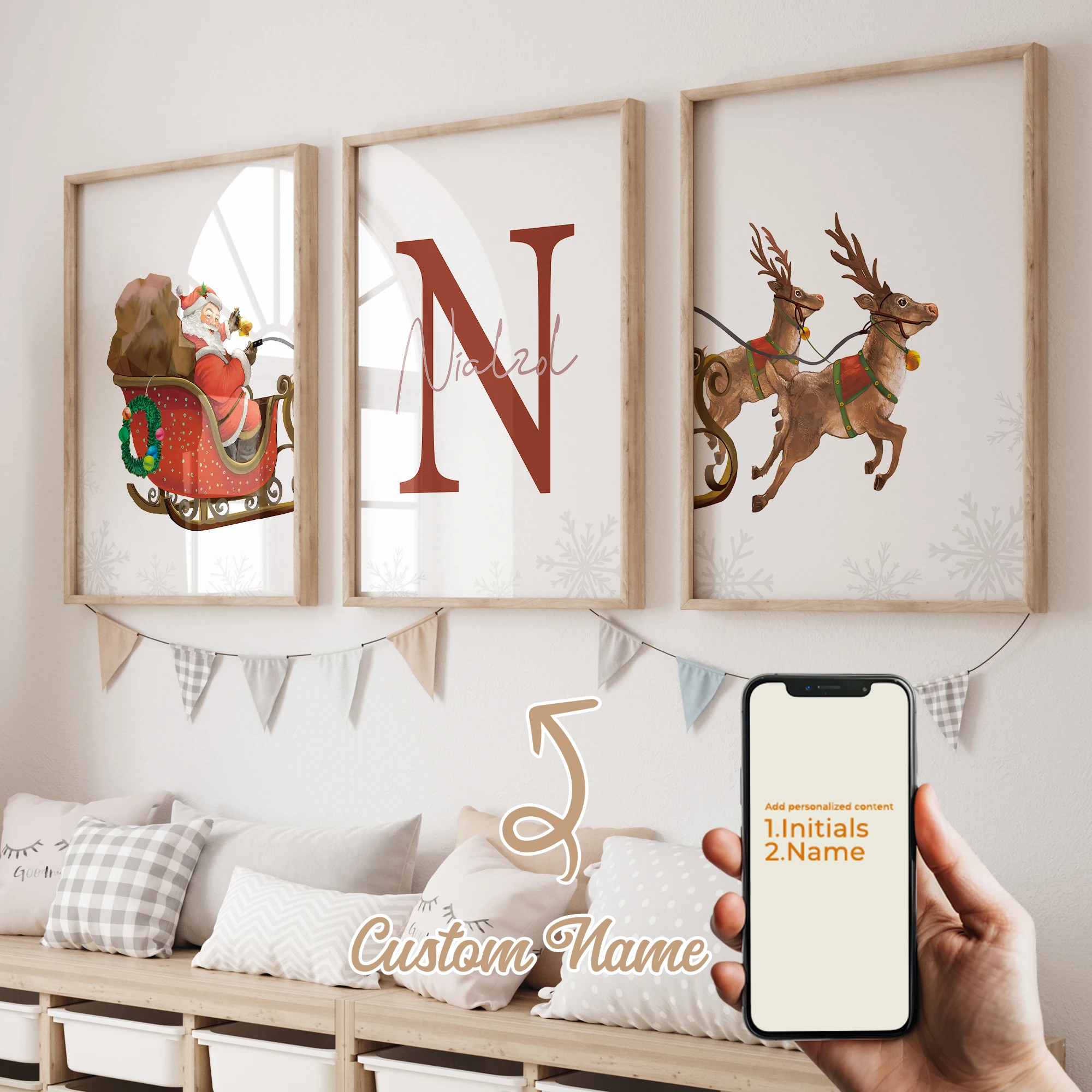 

3Pcs Personalized Custom Name Elk Wall Art Printmaking Canvas Painting Poster Picture For Christmas Living Room Home Decor
