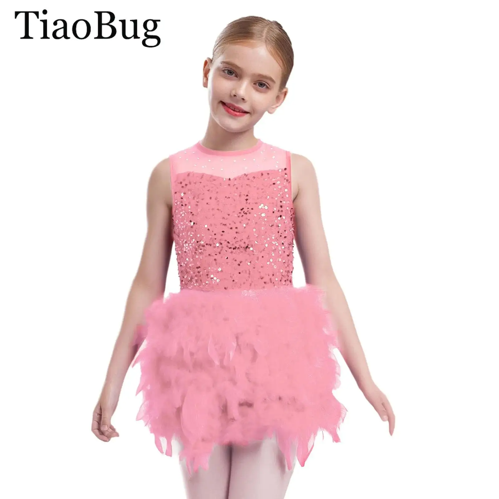 

Girls Gymnastics Jazz Dance Dress Skating Ballet Leotard Costume Sequin Bodice Feather Tulle Skirted Velvet Tutu Dress Dancewear