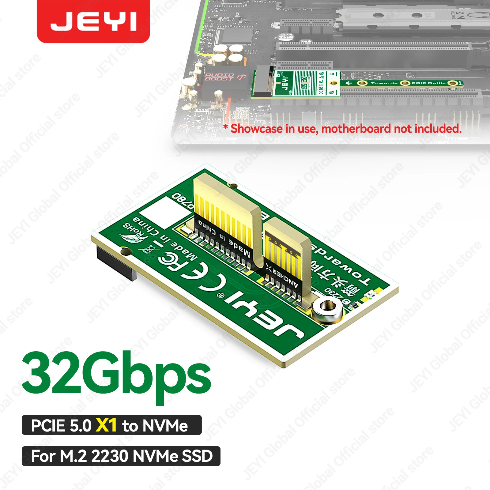 Carte adaptateur JEYI PCIe 5.0 X1 vers NVMe 32 Gbit/s, design fin et discret, sans obstruction pour la GPU, pour SSD NVMe M.2 2230, mini carte d'extension