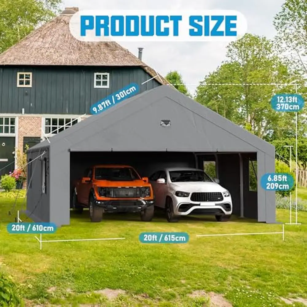 Portable Heavy Duty Carport Garage Canopy 20x20 with Air Flow and Full Accessories Set Grey