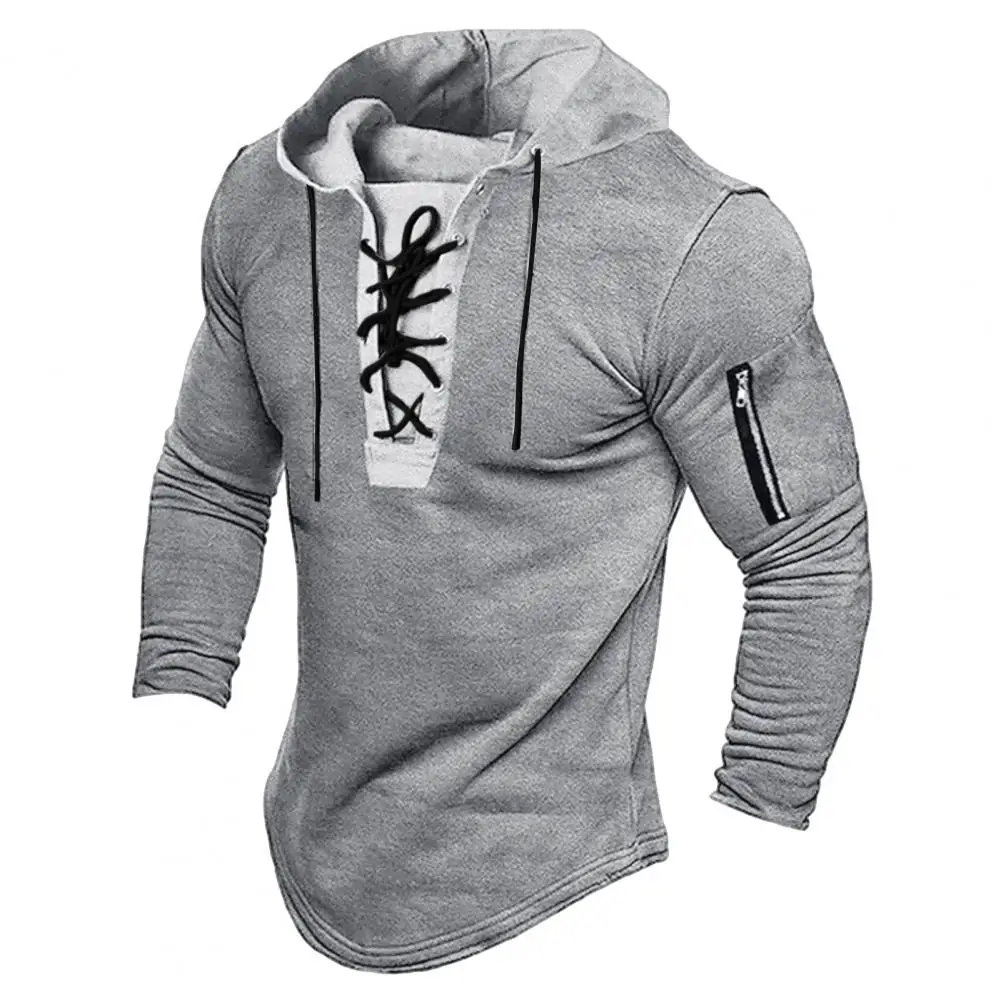 Long-sleeved Men Hoodie Men Solid Color Hoodie Vintage Lace-up Hoodie for Men Slim Fit Mid-length Pullover with Zipper Detail