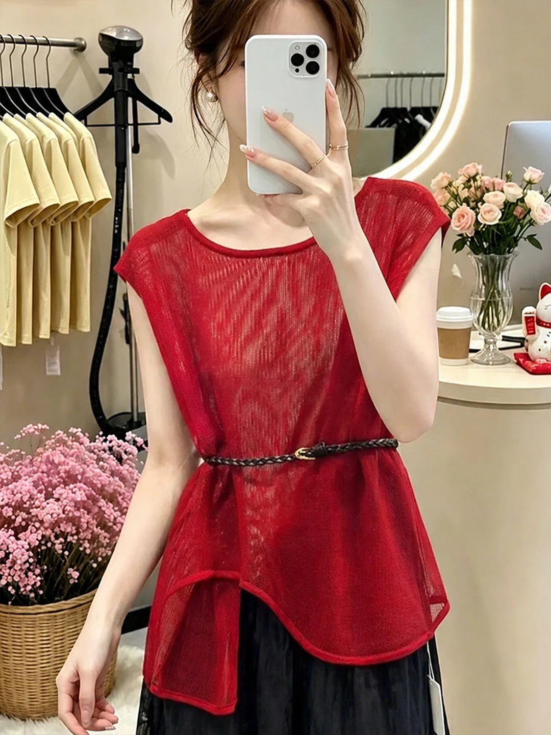 

Elegant Hollow out Knitwear Women's Summer 2026 Asymmetrical Design Versatile Fashionable Minimalist Top Korean Style Straigh...