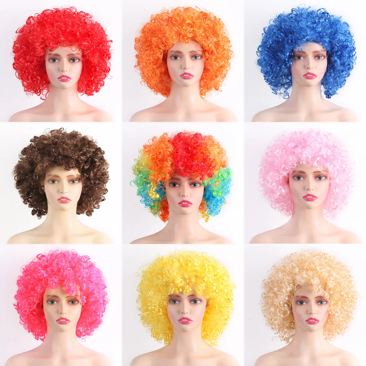 Parrucca da clown colorata unisex per adulti Parrucca sintetica riccia afro Cosplay per uomo Donna Parrucca da festa Mardi Gras Parrucche rosse verdi gialle blu