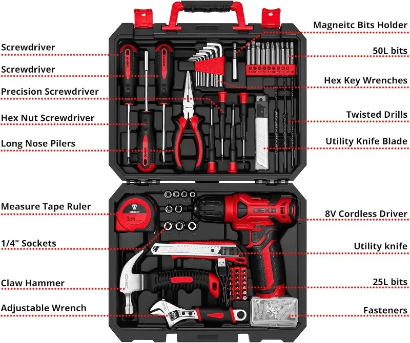 

Набор сверл: набор инструментов с красной аккумуляторной дрелью 8 В, домашний набор инструментов с дрелью, наборы ручных инструментов для женщин, 126 предметов