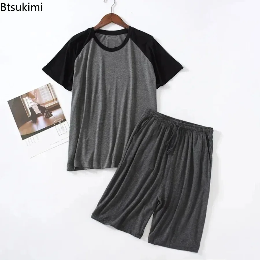 

New 2025 Men's Large Size Home Clothes Summer Modal Short Sleeve Tops+Shorts Pajama Sets Male Fashion Patchwork Casual Housewear