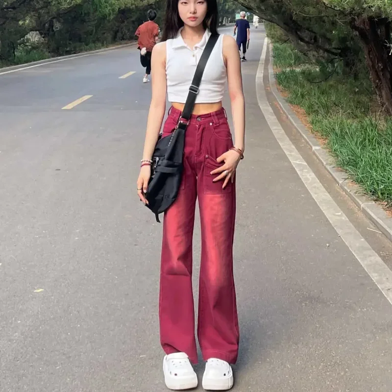 กางเกงยีนส์ผู้หญิงฤดูใบไม้ผลิฤดูใบไม้ร่วงสูงเอวล้าง Burgundy Streetwear หลวมขากว้างความยาวเต็มเกาหลีแฟชั่น Y2k เสื้อผ้าสไตล์