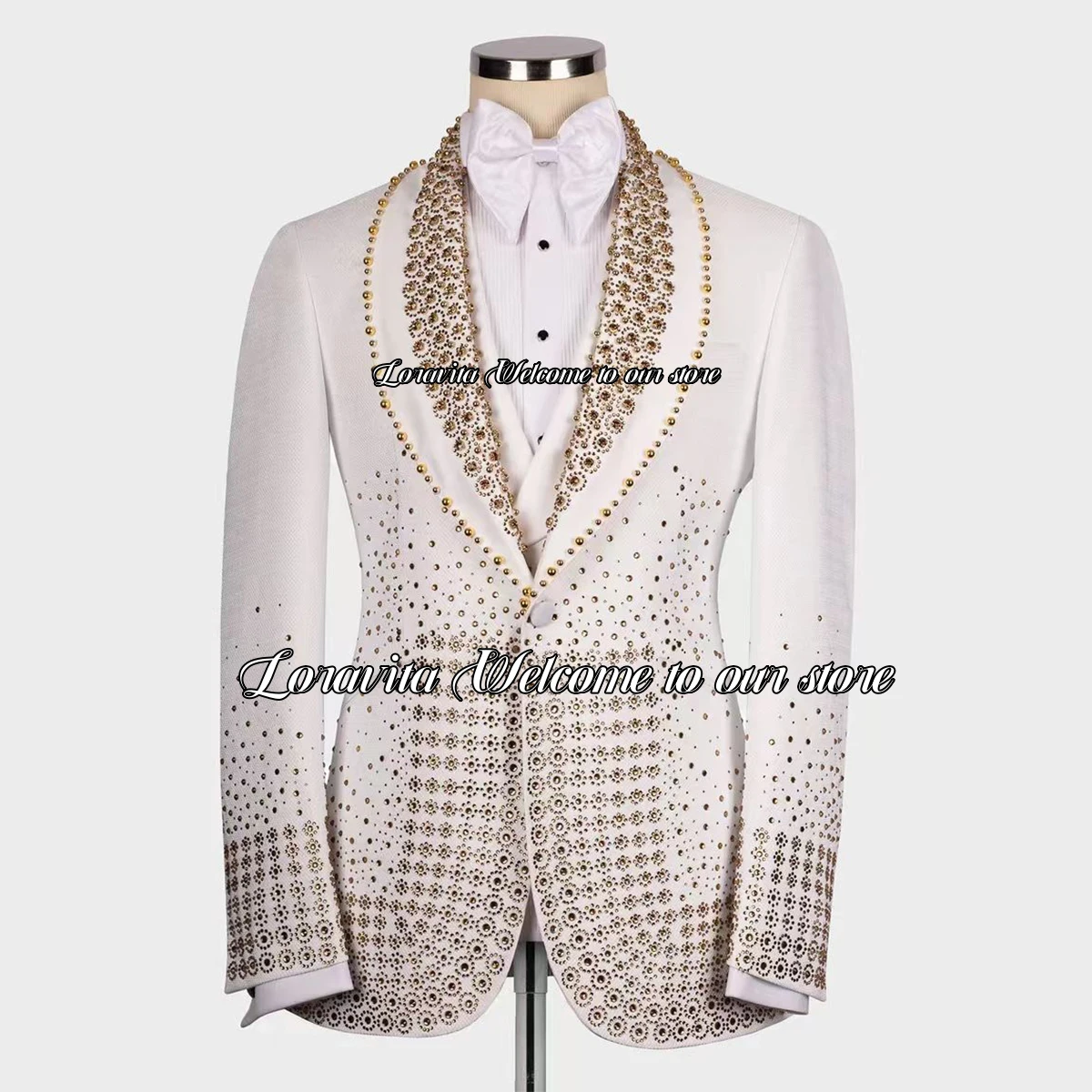 Shining Gold Crystals Men Suits Luxury Beaded Groom Wedding Tuxedos 3 Pieces Sets Male Prom Party Blazers Slim Fit Costume Homme