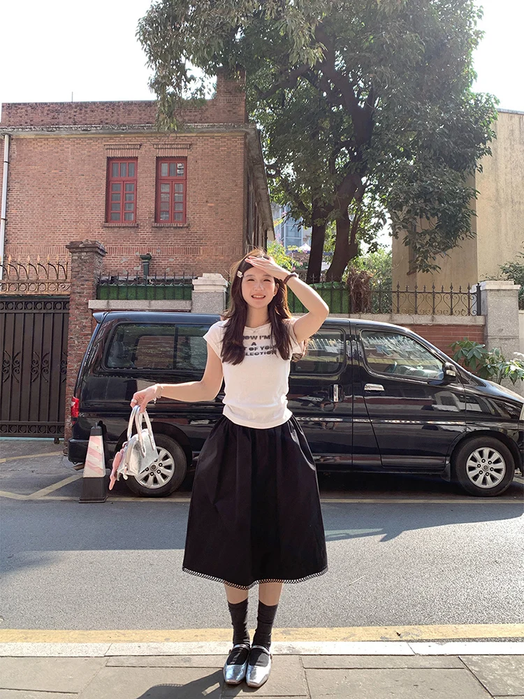 화이트 프린트 오르트 스웨 티셔츠 여성용 라운드 넥 슬림핏 순면 탑 봄 여름 신상 캐주얼 창의적 디자인