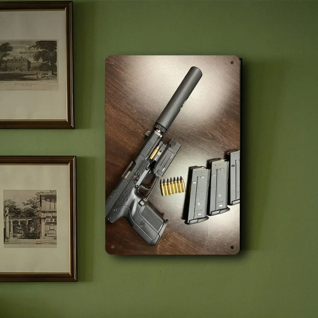 1PC 2D Wall Art Tactical FN Pistol With Silencer And Extra Magazine Wall Art Signage,   Iron Wall Art Signage