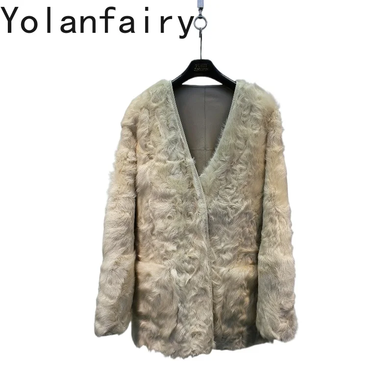 YOLANFAIRY Real Fur Coat Women Mid-Length Oversized Reversible Sheep Fur Integrated Jacket Luxury Soft Warm Natural Fur Coats