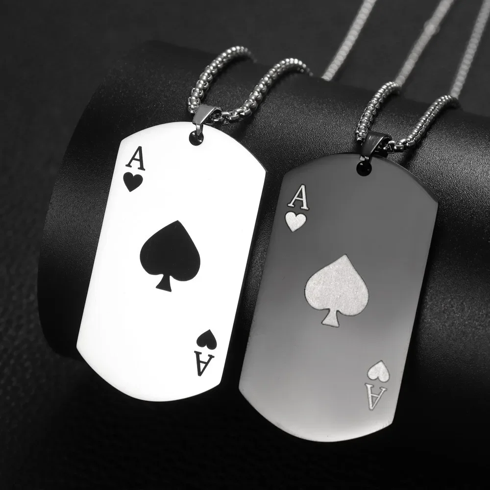 Trend Rectangle Stainless Steel Spades A Pendant Charm Men's Necklace Fashion Christmas Valentine's Day Gift Protector Jewelry