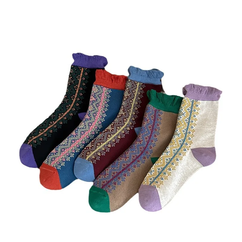 5 Pairs Autumn and Winter New Striped Retro Style Abstract Curling Women's Socks  Medium Tube Socks