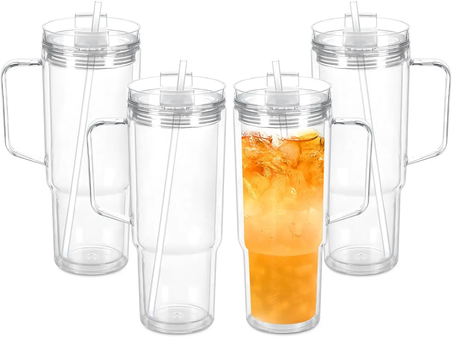 

Набор из 4-х акриловых стаканов-термосов объемом 40 унций с двойными стенками, ручкой, крышками и трубочками - дорожная кружка без BPA