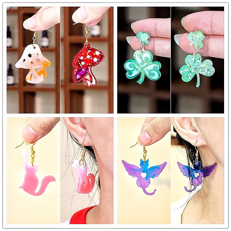 Cute Silicone Molds Kit for Resin Casting, Cat Rabbit Bear 3D Charms Molds, Four Leaf Clover Mushroom Jewelry Findings, DIY Craf