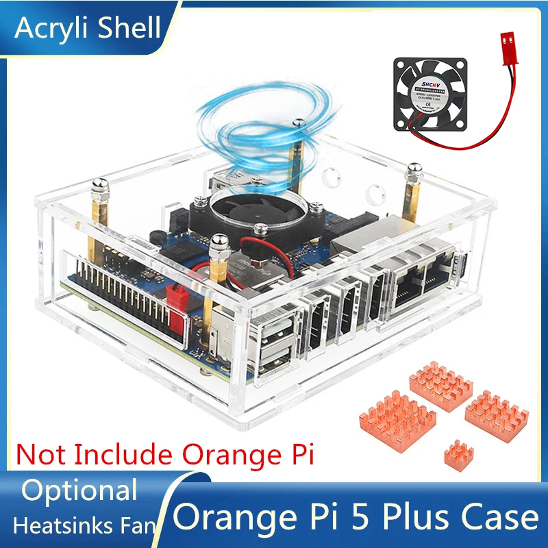 Orange Pi 5 Plus Acrylic Case Transparent Shell Enclosure Optional Cooling Fan Copper Aluminum Heat Sinks for Orange Pi 5 Plus