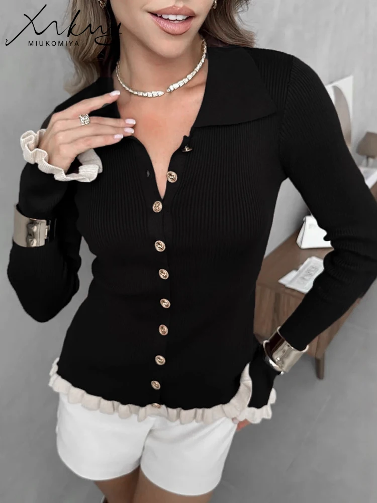 

MiuKoMiYa Women Brown Sweaters With Ruffles Outwear Skinny Office Wear For Women Elegant Burgundy Sweater With Button Green Tops