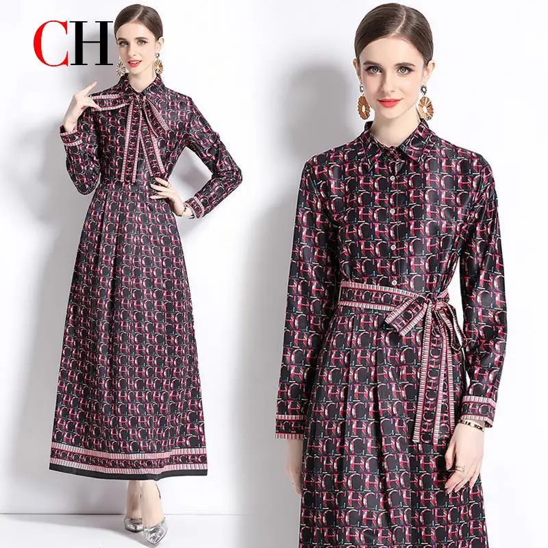 

CH Letter Print Long Sleeve Bow Tie Shirt Dress With Belt Button Front Contrast Border Maxi Dress Luxury Business Daily Outfits