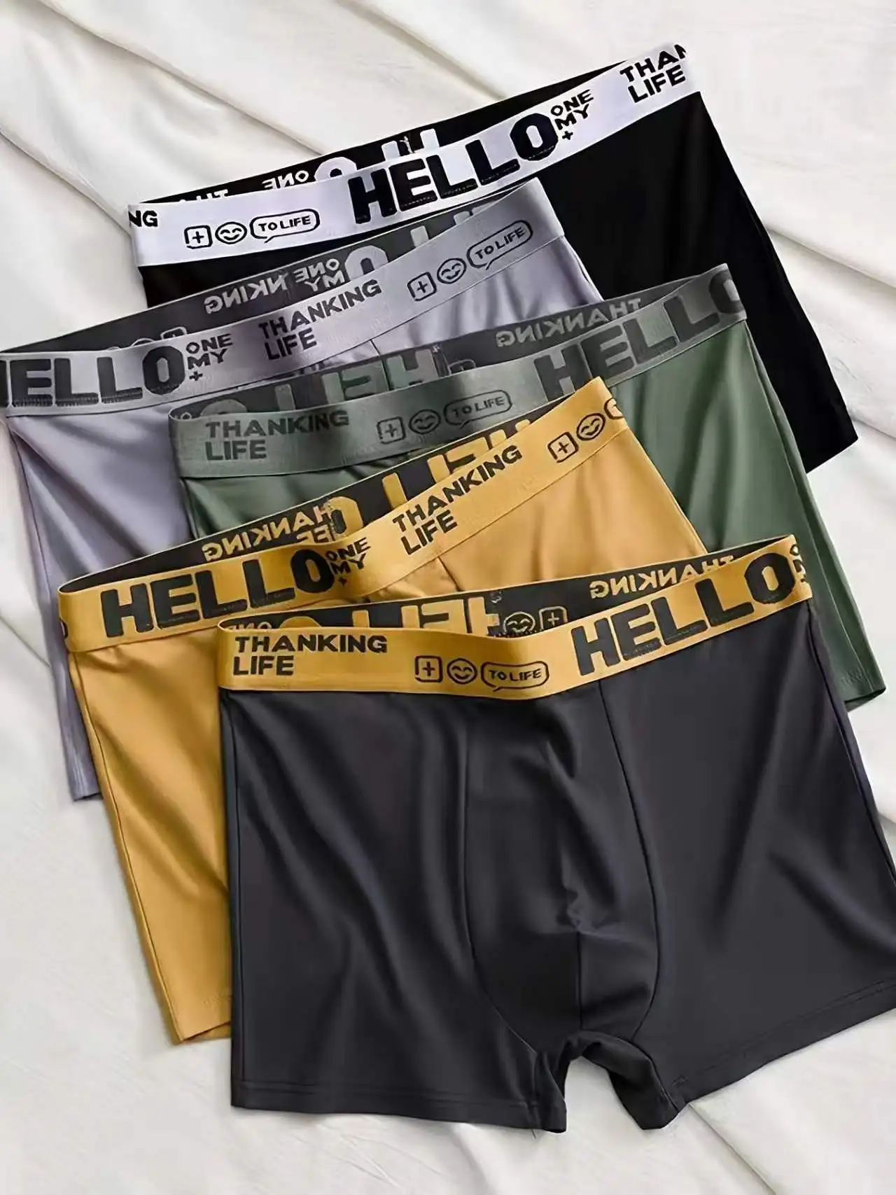 Cuecas Boxer Masculinas de Seda Leiteira, Kit com 5 Peças, Cores Fixas, Sem Costura, Respiráveis, Secagem Rápida, Cós Confortável que Não Desliza, Roupa Íntima Confortável