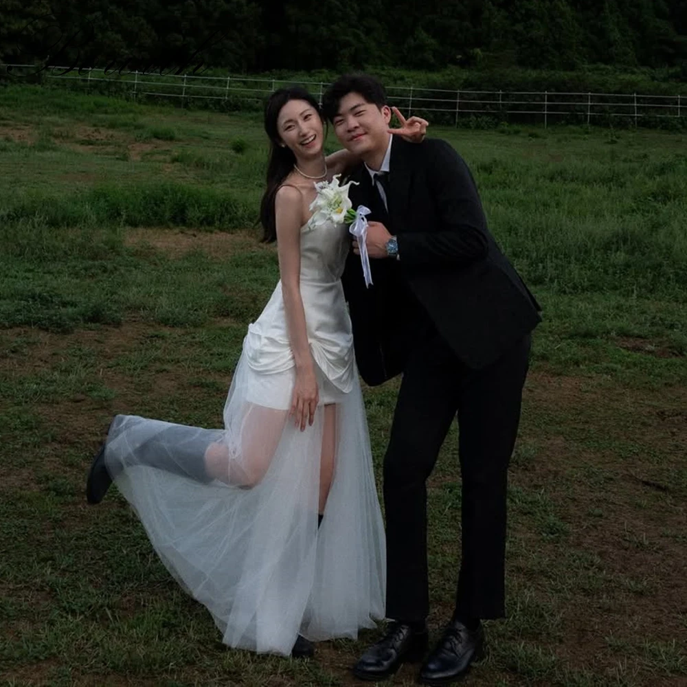 

Bowith Korean Wedding Dresses Patchwork Strapless Short Wedding Dresses with Tulle Train New Dresses 2025 Customized