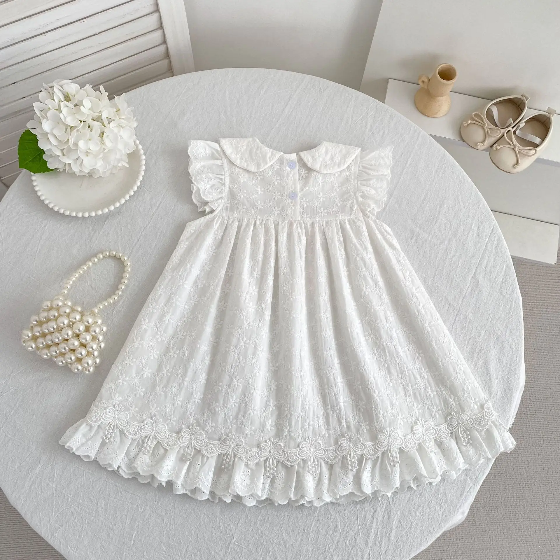 2026 Neuer Sommer 0-24M Baby Mädchen Kurzarm Baumwolle Weißer Strampler 2-6 Jahre Kinder Prinzessin Süßes Stickerei-Kleid Schwesterkleid – Detail 20