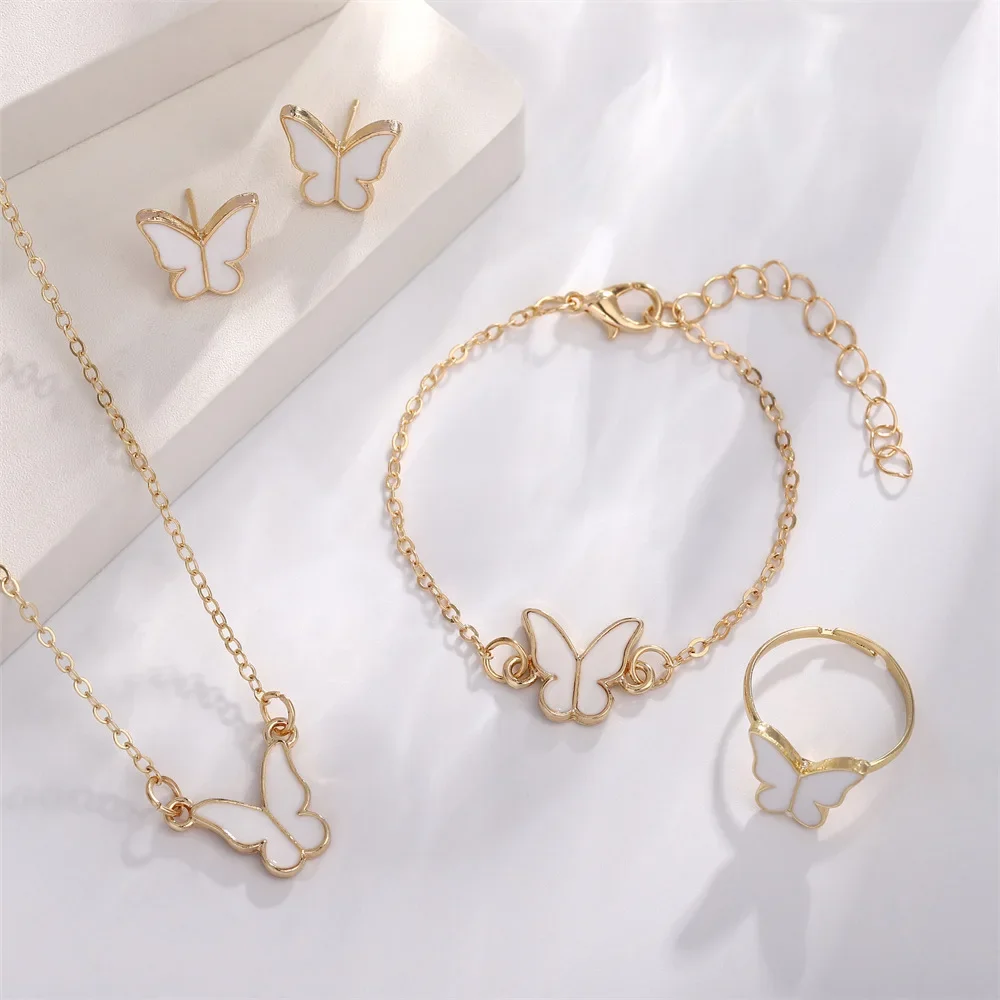4pcs/Set Sweet Jewelry Set Butterfly Pendant Imitation Pearl Necklace for Women Pearl Earrings Girl Jewellery Women Gift Collar