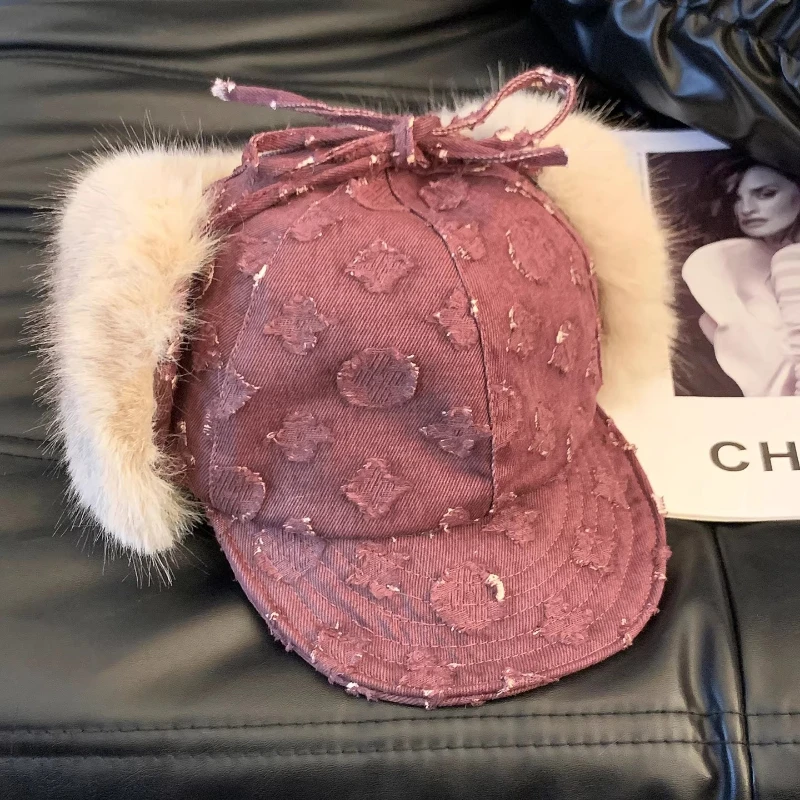 Retro Purple Thickened Plush Ear Protector Pilot Caps for Women Autumn Winter Travel Warm Versatile Fashion Strap Bomber Hats view 5