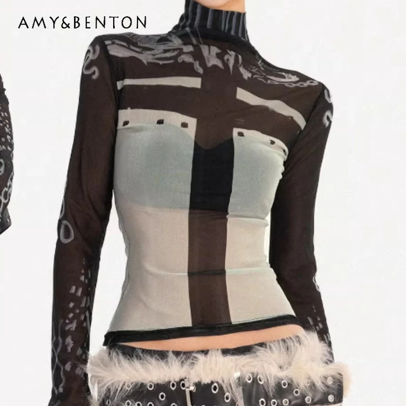 

2026 Spring New Black Hot Girl See-through Mesh Long-sleeved Women's T-shirt Vintage Design Slim Print Bottoming Shirt Ladies