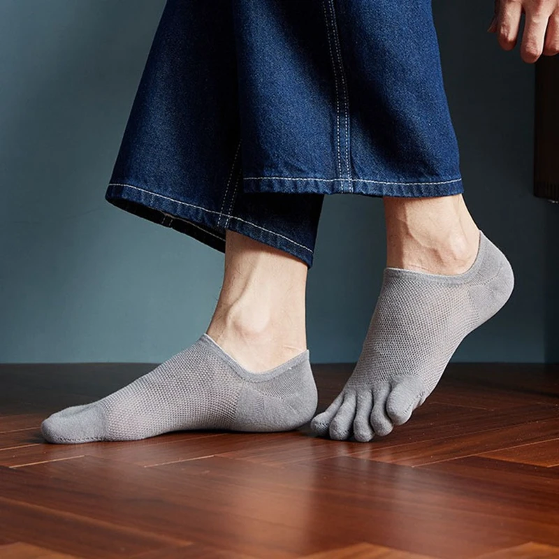 5 Pairs Men Five‑Toe Socks Mesh Breathable Low Cut No‑Show Socks Anti‑Sweat Split Toe Casual Daily Socks