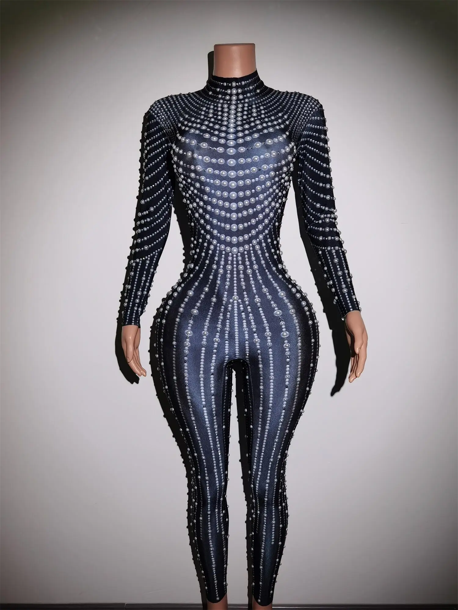 Fashion Pearls Jumpsuit Sexy Black One-piece Bodysuit Stage Performance Outfit Party Celebrate luxurious Leggings Zhenzhuwang