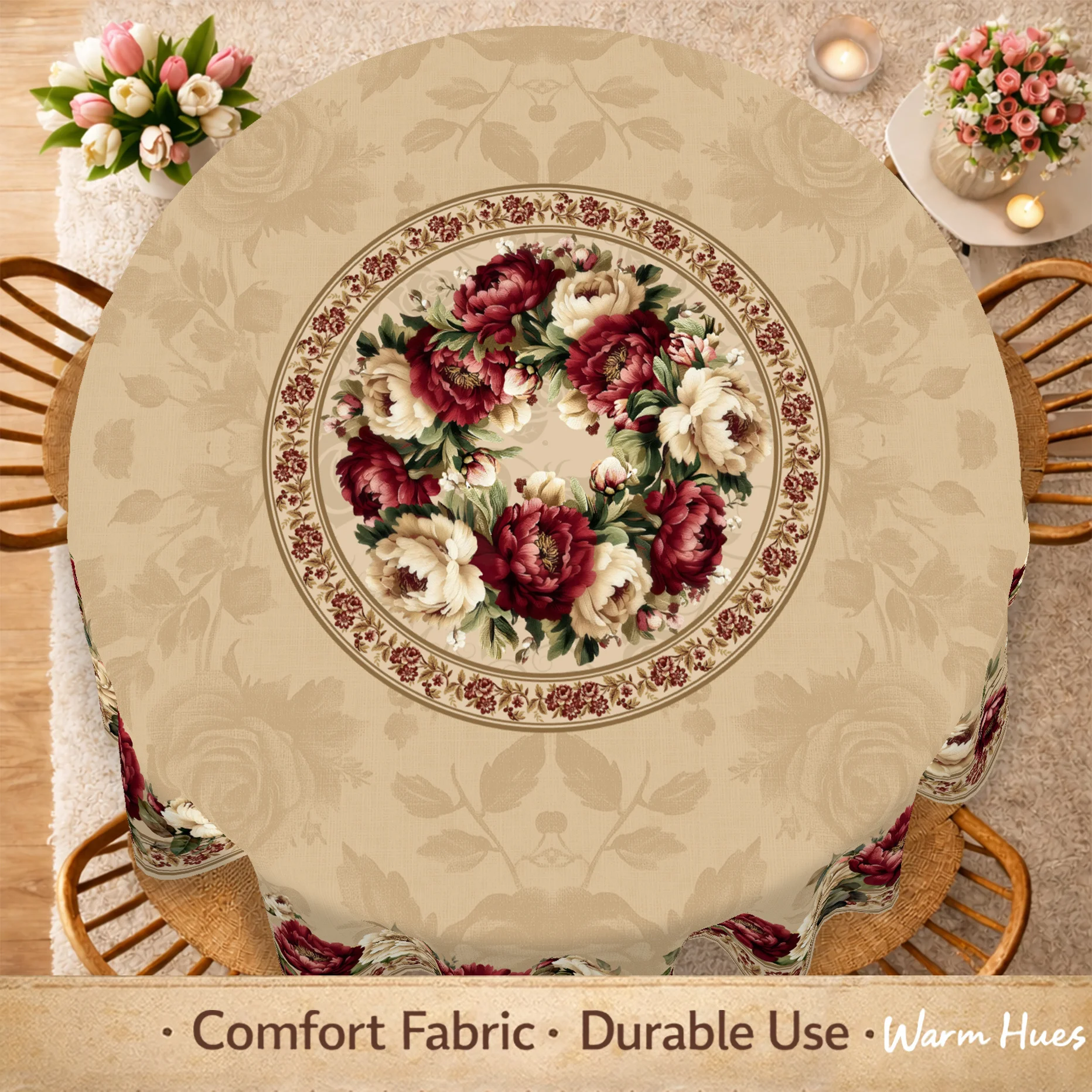 One piece, a vintage brown floral tablecloth with an elegant design of peonies and roses.