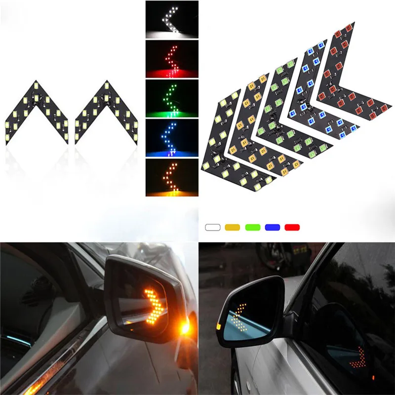 2pcs/set 14 SMD LED Arrow Panel Car Truck Rear View Mirror Indicator Turn Signal Light LED Rearview Strobe Warning Safety Lights