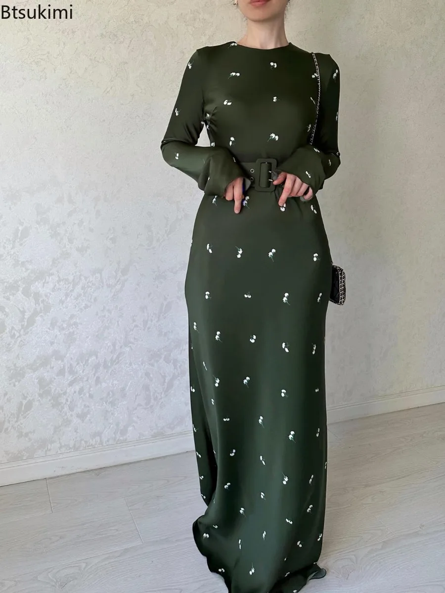 2024 Elegant Lady Maxi Dress New Flower Print Slim Belt Party Long Dresses Temperament Slim Flounced Edge A-line Dress for Women