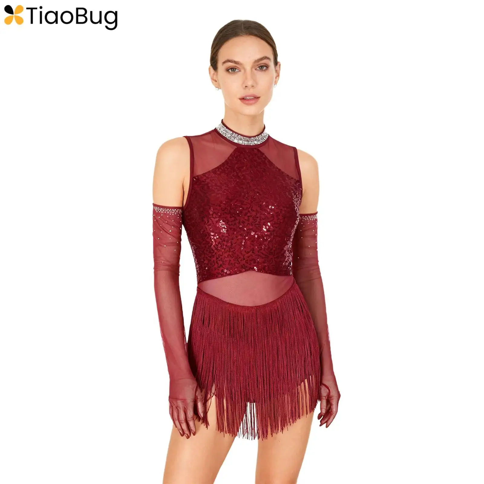 

Womens Latin Jazz Dance Outfit Glittery Sequins Mesh Splice Fringe Dance Leotard Dress+Gloves for Rumba Cha-Cha Samba Dresses