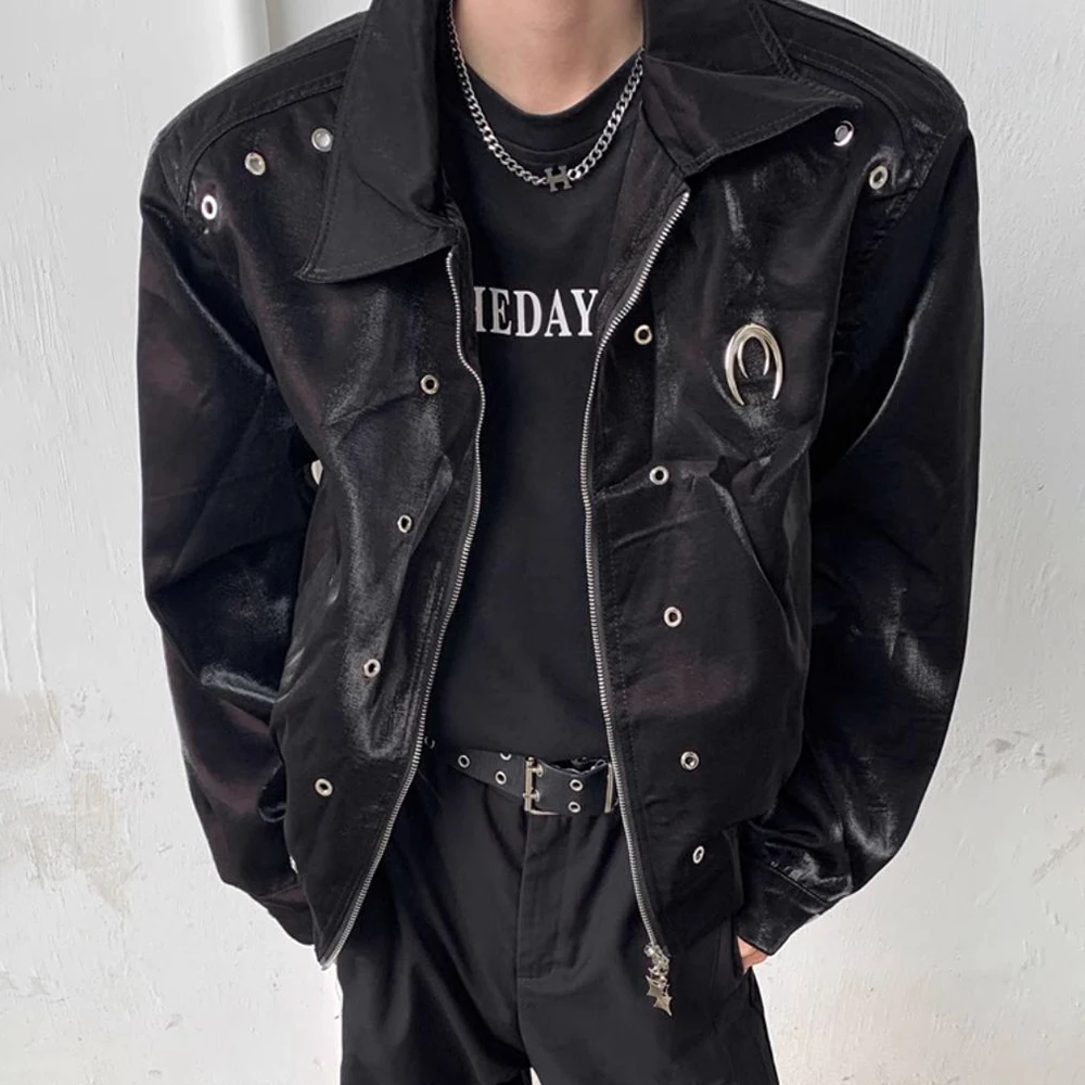 Metal High-End Design Niche Pad Shoulder Lapel Jacket Mens Autumn Winter New Fashion Trend Loose High Street Short Jacket Men