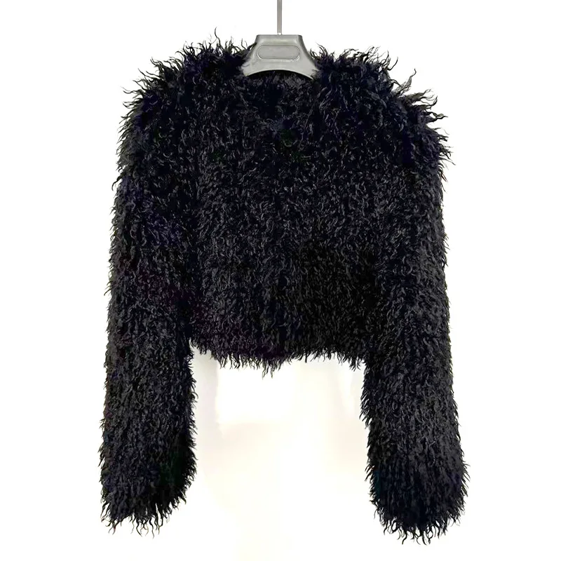 معاطف نسائية من الفرو الصناعي سترات قصيرة سادة رقبة مستديرة وأكمام طويلة مغطاة بأزرار مستقيمة للمكتب للسيدات غير رسمية لخريف وشتاء 2025