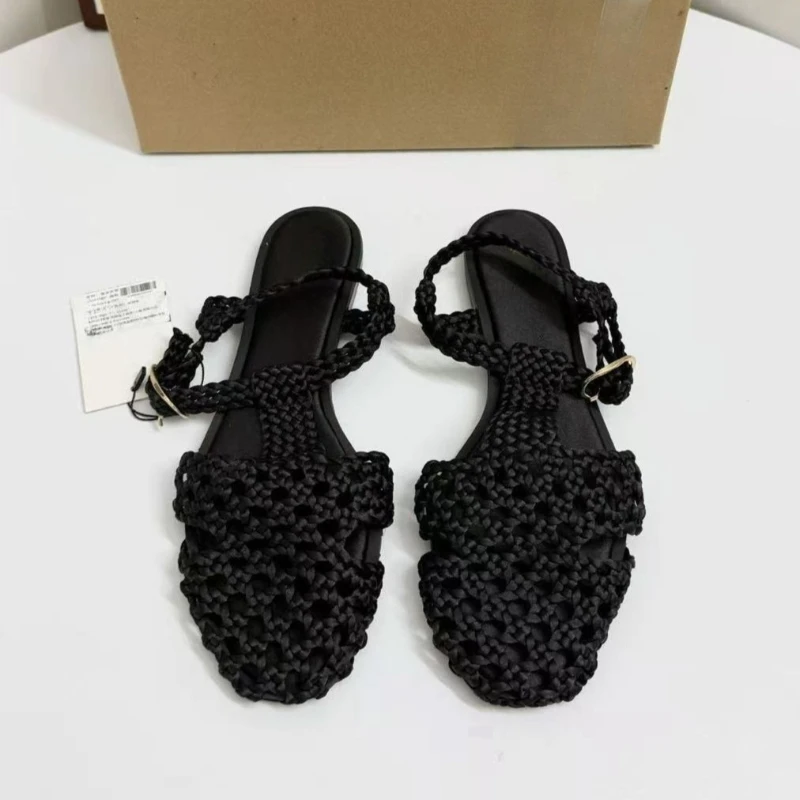 Women's Crochet Design Flat Sandals Square Toe Hollow Out Woven T-Strap Sandals Buckle Ankle Strap Casual Summer Mesh Shoes view 2