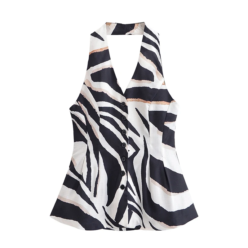 

YENKYE European And American Style New Women Sexy Backless Halter Zebra Striped Print Tank Tops