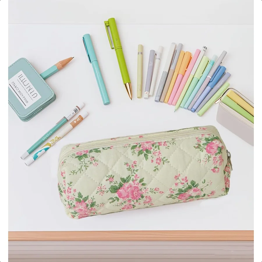 Estuche para lápices Estuche para lápices bonito para niñas Estuche para lápices estético con cremallera Estuches para bolígrafos Estuche para maquillaje con 2 flores rosas