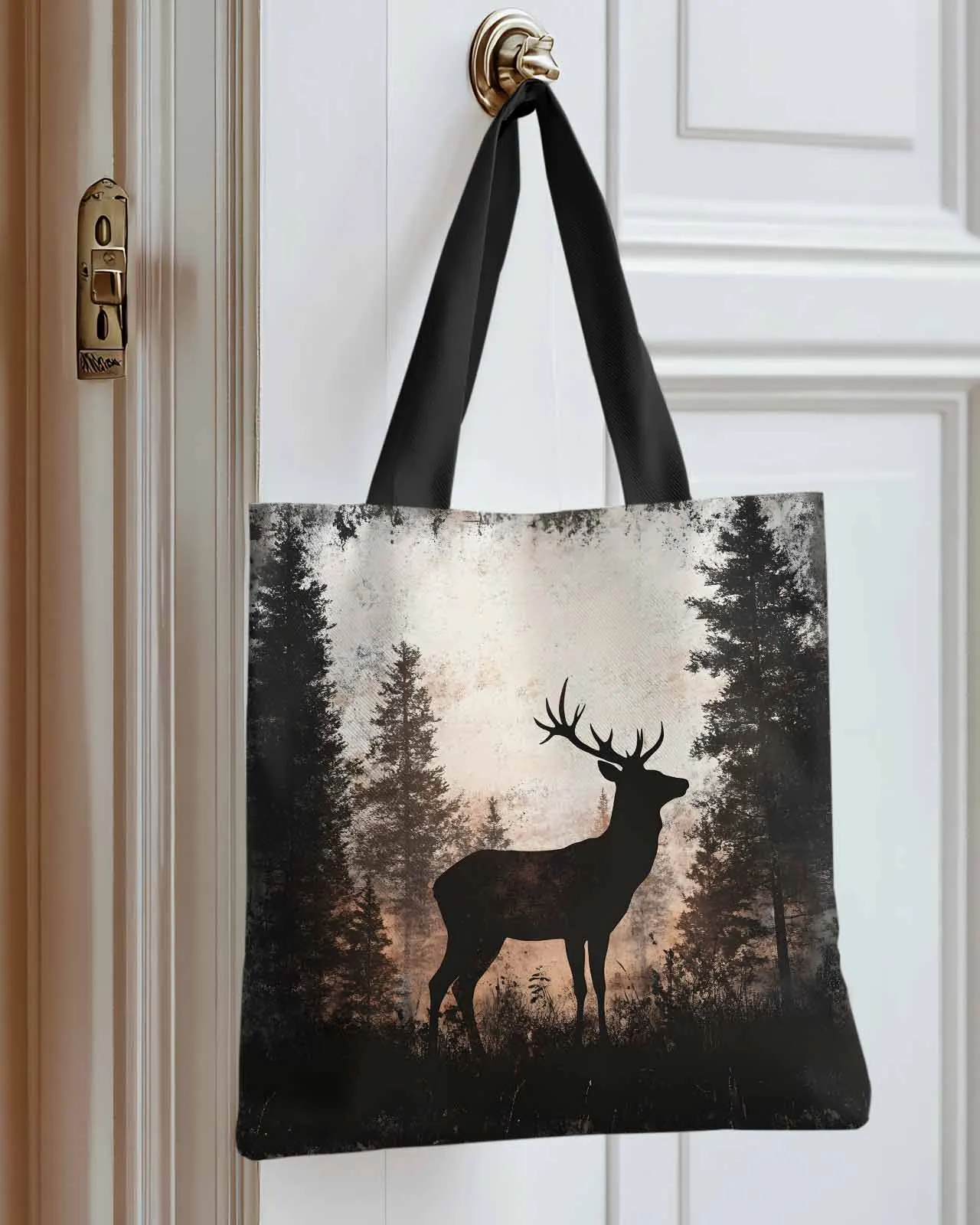 

Vintage Black Elk Forest Silhouette Canvas Bag Handbag Oxford Cloth Eco Shopping Storage Bag for Home Use