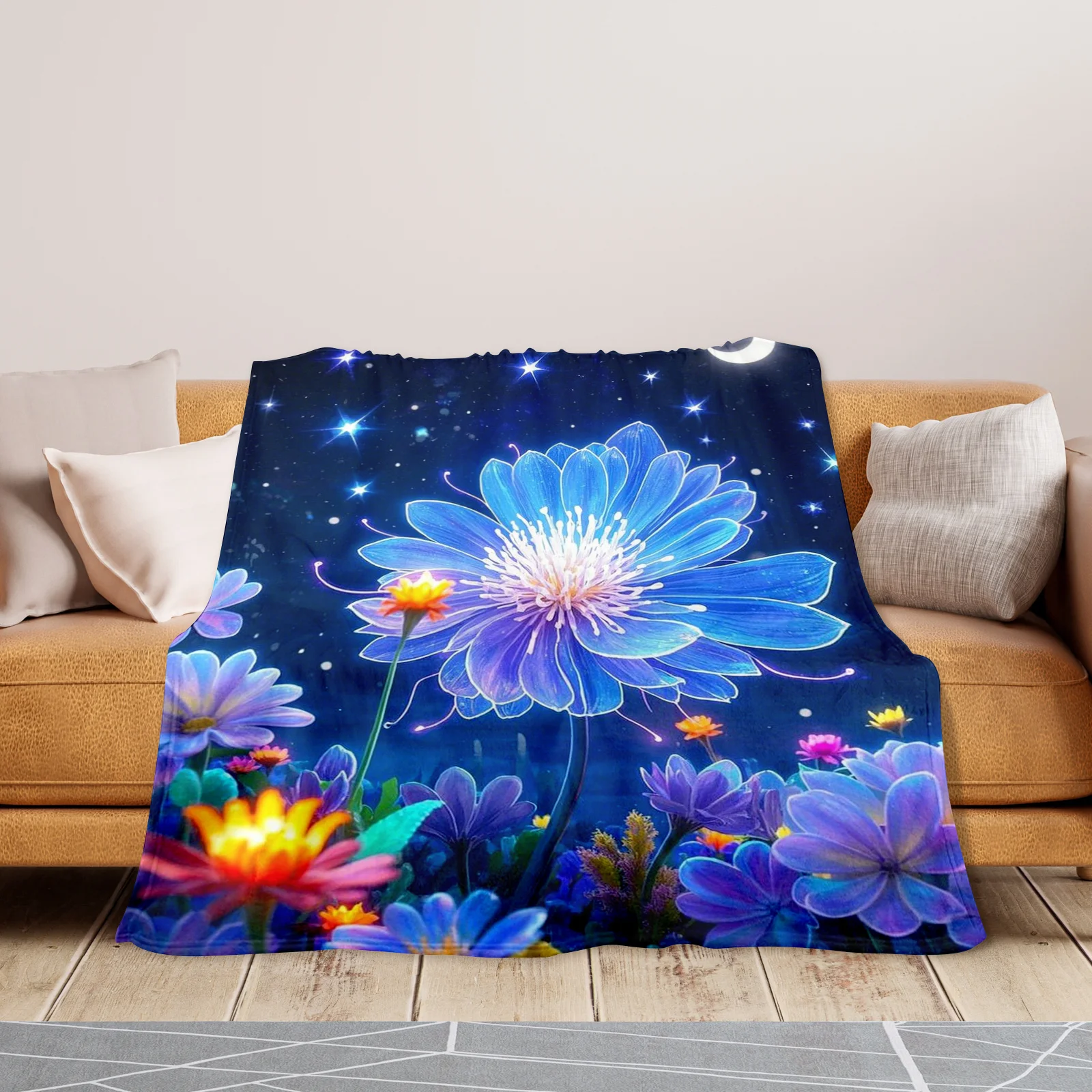 Flores encantadas azul céu estrelado cobertor sonhador xadrez lance para decoração de casa única ideia de presente quente caprichoso design celestial