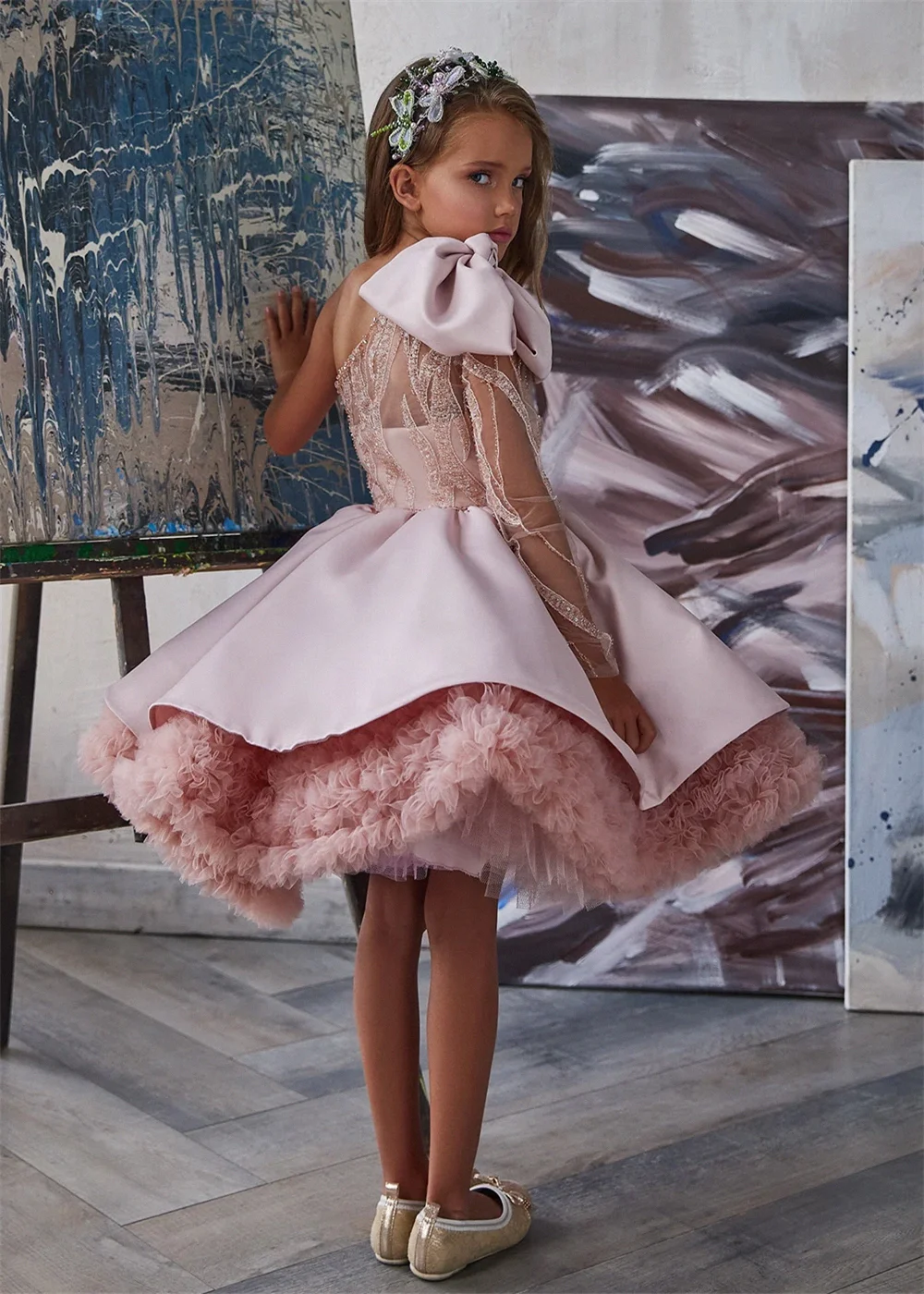 Robe bouffante rose à fleurs pour filles, en couches, une initiée pour mariage, première communion, quelle que soit la fête, reconstitution historique de beauté, cadeau d'anniversaire pour enfants